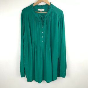 LOFT Ruffle Tie Neck Pleated Green Popover Top